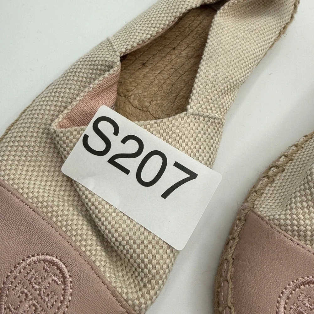 Tory Burch Espadrilles Women 8 Beige Pink Leather Logo Toe Cap Flat Slip On Shoe